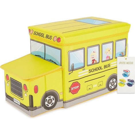 Coffre de Rangement Bus Scolaire - 1 Unité - Tissu Pliable - Siège 80kg et Couvercle - Chambre Enfant - Jaune 46L (1/5)