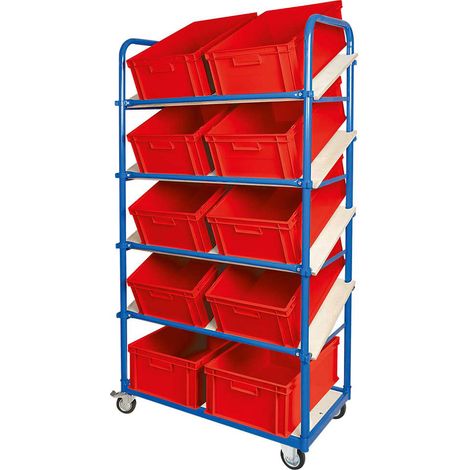 BRB Schrägboden-Regalwagen mit 5 Ebenen, bestückt mit 10 Euroboxen 600x400x220 mm rot (1/3)