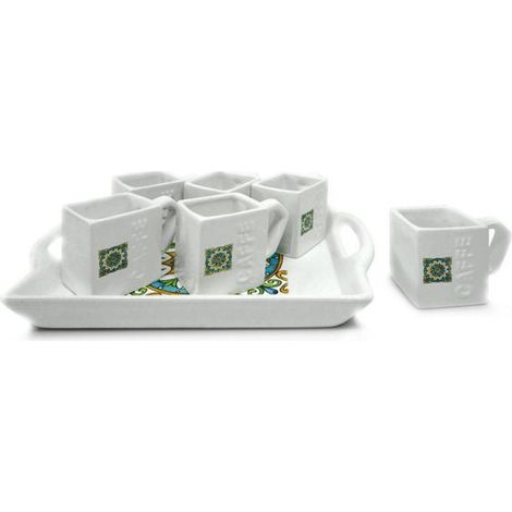 Set Caffè 6 Tazzine Tazze con Vassoio in Ceramica Decoro Fiore