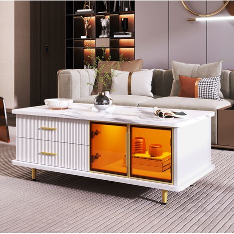 Mesa salón con almacenamiento LED mármol vidrio blanca HAVRYA (1/5)