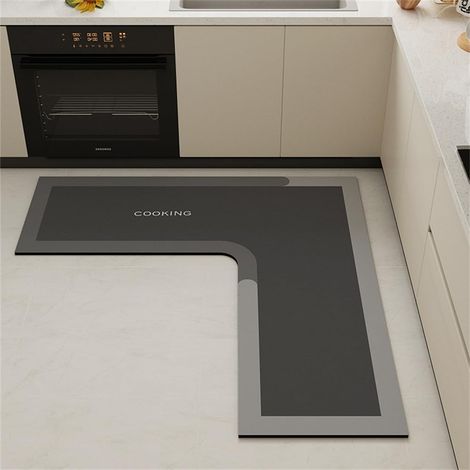Alfombrilla de cocina antideslizante y absorbente de diatomita, en forma de L, lavable (140 x 45 cm, gris oscuro) (1/5)