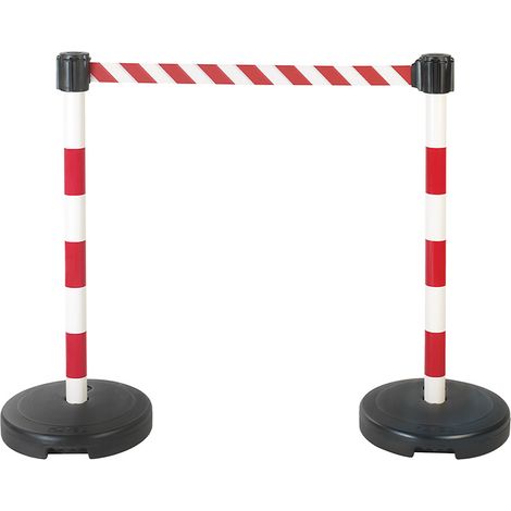 Kit 2 Poteaux PVC Rouge/Blanc sur socle 9kg à lester avec tête à sangle Rouge/Blanc hachuré 5m x 50mm et tête réceptrice - 2800143 (1/5)