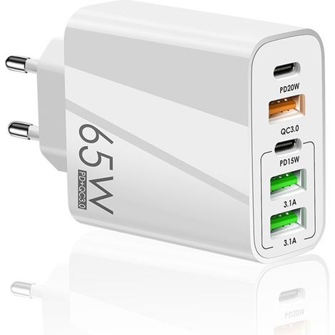 Chargeur de téléphone portable à charge rapide PD65W, 4A, USB-C PD + 3 ports USB, tête de charge de voyage multiport (1/5)