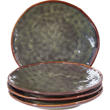 Conjunto de 4 platos de postre de gres caolín artesanal acabado esmalte reactivo verde oscuro Thyme (1/5)