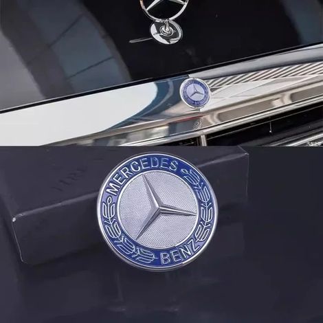 (Étoile bleue chromée, base noire 38 mm) - Emblème de voiture en ABS à 3 broches pour calandre supérieure avant et capot, compatible avec les Mercedes-Benz Classe E/S (logo étoile, blé et pommier). (1/5)