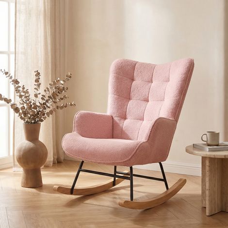 Poltrona a dondolo in tessuto bouclé rosa - Sedia a dondolo design scandinavo per salotto e camera