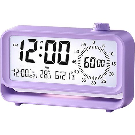 Réveil numérique pour enfants, affichage LCD avec bouton et veilleuse, réveil de bureau rechargeable, idéal pour la maison et l'école, violet. (1/5)