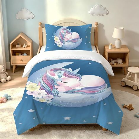 Housse de Couette Licorne 90x190 pour Enfant Fille, Parure de Lit en Microfibre avec Fermeture Éclair Housse de Couette avec 1 Taie d'oreiller 40x60cm (1/5)