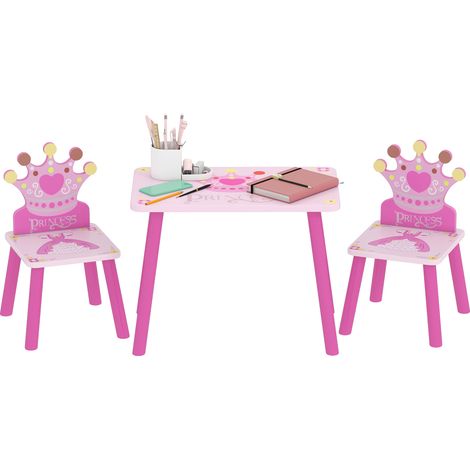 Ensemble table et 2 chaises enfant 3 pièces, pieds en bois massif, table enfant avec chaise motif couronne, pour filles et garçons de 2 à 4 ans, rose