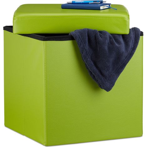Relaxdays Puff Almacenaje Cuadrado con Tapa, Piel Sintética, Verde, 38 x 38 x 38 cm