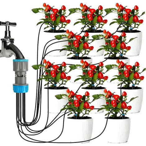 Kit d'arrosage automatique pour jardin (1,6 m) avec 10 goutteurs – Pour extérieur, cour, pelouse, serre, aménagement paysager plantes en pot et fleurs (1/5)