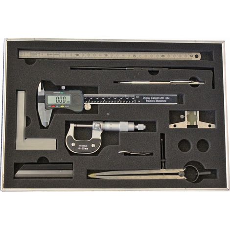 FP – Ensemble de 9 outils de mesure – Pied à coulisse digital 150 mm – Micromètre 0-25 mm – Règle en acier 300 mm – Équerre 100x70 mm - CMS92