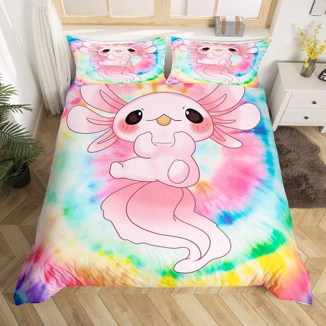Mignon Axolotl Housse de Couette Tie Dye Dessin animé Salamander Parure de Lit 220x240cm Kawaii Océan Sealife Sets de Housse de Couette pour Microfibre Reptile Animaux Parure Housse de Couette - 220 x (1/5)