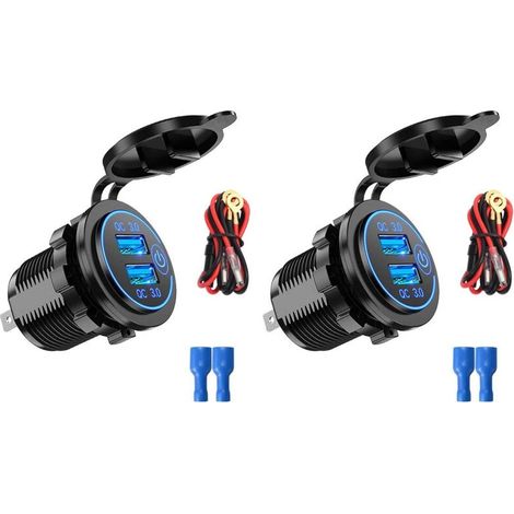 Lot de 2 chargeurs de voiture double USB QC3.0 12V/24V avec prise allume-cigare et interrupteur tactile lumineux bleu (1/5)