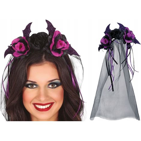 Diadema, tiara, rosas moradas negras, flores, velo, baile de Halloween (1/3)