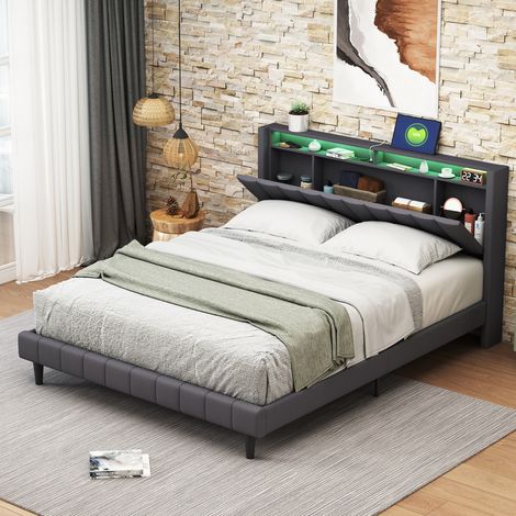 Lit Double à LED avec Sommie Étagères Ouvertes et Rangement Caché en Tête de Capitonné, avec Prise USB, Lits 2 Personnes avec Lattes en Bois, Lin Gris (Matelas Non Inclus) (1/5)