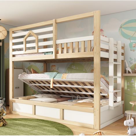 Cama litera estilo casita de madera blanco/roble 90x200 cm, con ventanas, barandilla de seguridad y almacenaje hidráulico (1/5)