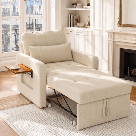 Poltrona letto trasformabile 3 in 1, schienale regolabile in 5 posizioni con tavolino e tasca portaoggetti, morbido tessuto in ciniglia stile scandinavo, Beige (1/5)