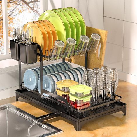 1 Égouttoir à vaisselle 2 étages, Acier antirouille noir, Porte-ustensiles intégré, Tuyau rotatif 360°, Pour cuisine