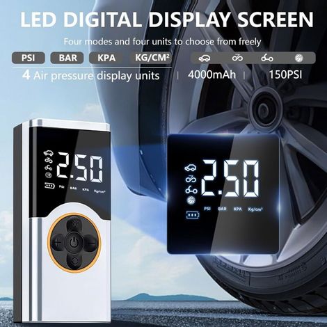 Inflador de neumáticos inalámbrico para coche, compresor de aire portátil de 150 PSI, minicompresor portátil para coche de 4000 mAh, pantalla digital y luz LED para bicicletas, coches y motocicletas. (1/3)