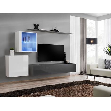 Ensemble mural - Switch XV - 2 vitrines - 1 banc TV - 2 étagères - Blanc et graphite - Modèle 1 - Livraison gratuite