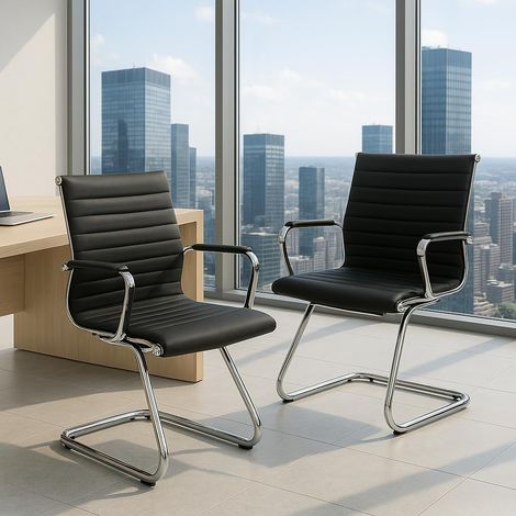 Wahson Chaise de Bureau en Similicuir avec Accoudoirs Chromés, Lot de 2 Chaise de Réception en Base Métal Chaise de Conférence Ergonomique, Noir (1/5)