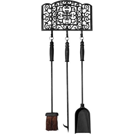 Set Attrezzi Camino Supporto Parete 3 Pezzi Nero