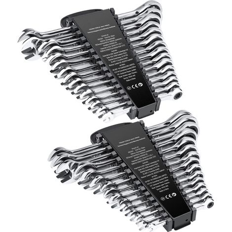 Mophorn Juego de llaves de trinquete de 30 piezas, juego de llaves combinadas de acero Cr-V, SAE de 1/4" a 1", métricas de 8 mm a 24 mm, con estante organizador, ideal para garaje, taller.