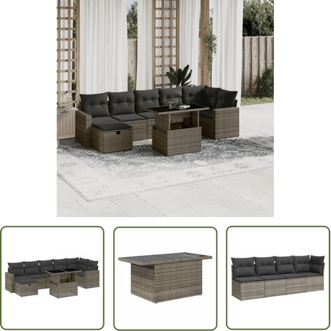 The Living Store 8-tlg. Garten-Sofagarnitur mit Kissen Grau Poly Rattan - Gartenmöbel Set - PE-Rattan Möbel - Outdoor Lounge - Gartenlounge - Terrassenmöbel (1/5)