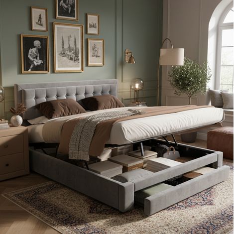 Cama 180/200 cm de terciopelo gris con almacenaje, cabecero regulable y somier incluido (1/5)