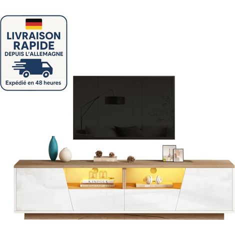Mobile TV da 180 cm - 2 cassetti, 2 armadietti - Illuminazione a LED - Lucido - Adatto per TV da 75", colore bianco e legno (1/5)