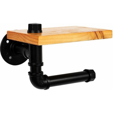 Dérouleur papier WC en bois de pin et métal - Marron et noir (1/3)