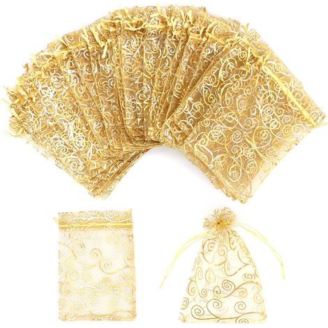 Lot de 100 sachets en organza, 10x15cm sachet organza pochette cadeau, sacs à cordon pour Bijoux, imprimés en rotin pour mariages, faveurs de fête, cadeaux de Noël, sacs à bonbons (1/5)