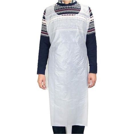 Packung mit 100 Einweg-Schürzen aus Kunststoff, wasserdicht und schmutzabweisend, für Erwachsene und Kinder, zum Malen und Kochen. (1/4)