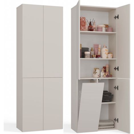 Kaschmirfarbener, freistehender Badezimmerschrank mit Wäschekorb – Ablagefläche, Kippsystem, 60 x 30 x 174 cm (1/5)