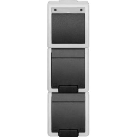 Set Aquant 2K di interruttori verticali da superficie unipolari (a due vie) + presa doppia con messa a terra 2x2P+Z IP55 grigio 5062