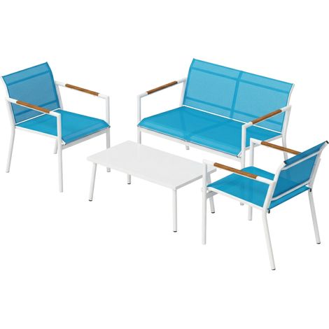 Outsunny Set Giardino 4 Posti, Divano Metallo Blu