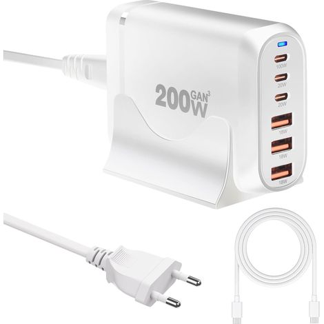 200W Chargeur USB C Multiple, 6 Ports GaN Ⅲ Chargeur Rapide, Station de Charge USB C de Bureau, PD+QC Compatible avec 15 16 17 14 13 12 11 S24 S23 S22 Z Fold Pixel Ordinateur Portable, Blanc avec Câbl (1/5)