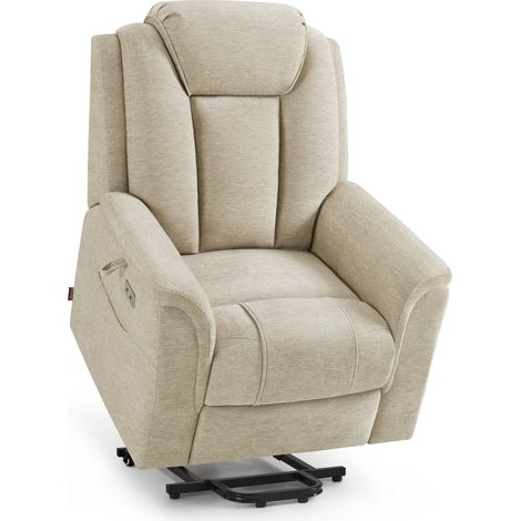 M MCombo Fernsehsessel mit Aufstehhilfe Elektrisch, 2 Rollen für Mobilität, Massage & Heizung, Verstellbare Kopfstütze, Sessel mit Aufstehhilfe 35D Vollschaum-Sitzkissen 7269 (Stoff, Beige)