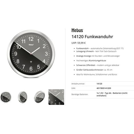 Horloge radiopilotée Mebus 14120 radiopiloté(e) 45 cm aluminium mécanisme d'horloge silencieux