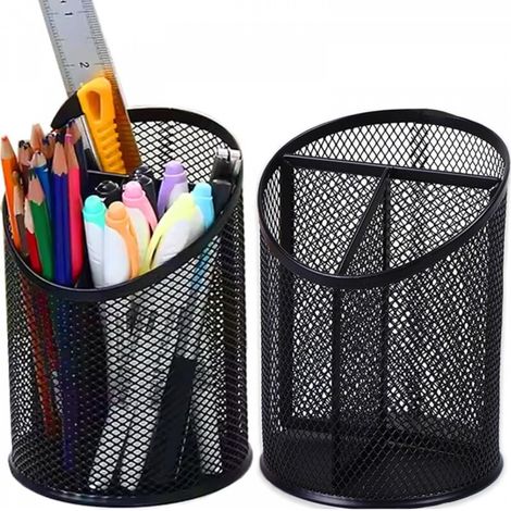 Deux porte-stylos ronds noirs, de 10,5 x 10,5 x 14,5 cm chacun, adaptés à une utilisation au bureau, à la maison et à l'école. (1/5)