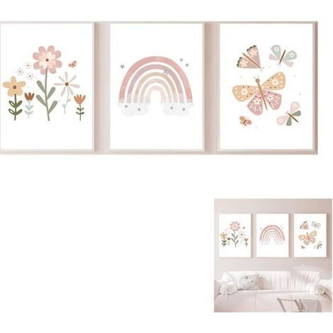 Set of 3 wall posters for kids' room - Rainbow, flowers, and butterflies design (1/4)