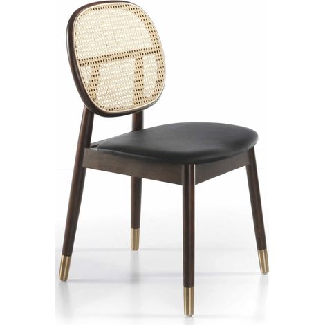 Chaise de salle à manger bois massif assise rembourrée simili dossier rotin pieds doré - Noyer, noir, doré (1/4)
