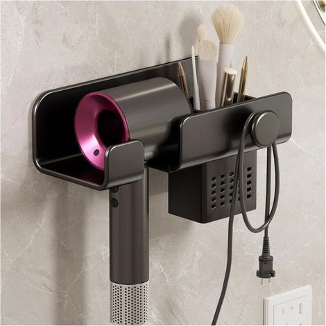 Support Mural sans Trous pour sèche Cheveux Support de Rangement pour sèche Cheveux de Salle de Bains Poids supporté 5kg (Noir) (1/5)