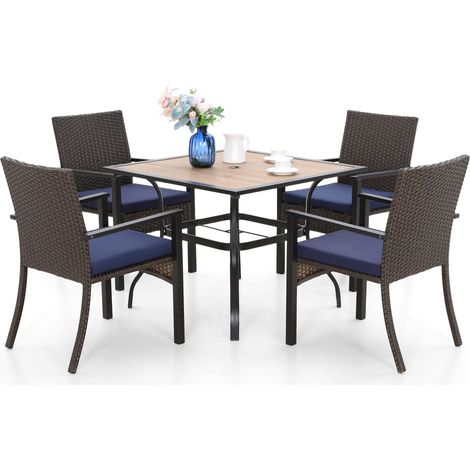 PHIVILLA Garden Table and Chairs, Outdoor Patio Dining Set with Square Metal Wood-Like Table, 4 Rattan Wicker Chairs, 5 Pcs Outdoor Patio Table and Chairs Set (1/5)
