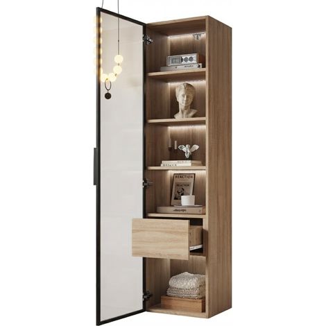 ELVMI Badezimmerschrank mit 1 Glastür, 1 Großem Schubfach und Offenen Fächern aus MDF, 40 x 34.5 x 165 cm, Natur (1/5)