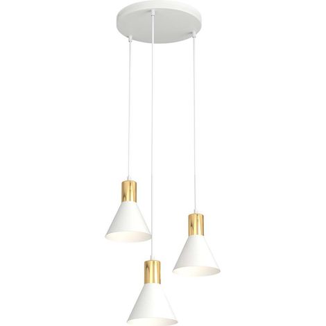 Lampadario 3 Luci Rosa Base Tonda Acciaio Bianco E Paralumi Conici Bianco E Oro