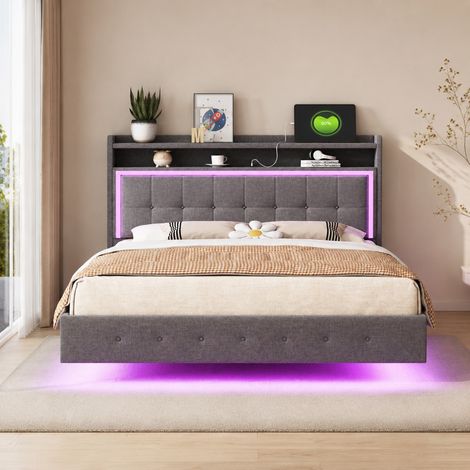 CHICFURN Letto matrimoniale 140x200 cm in tessuto di lino grigio con USB, LED e vano contenitore (1/5)