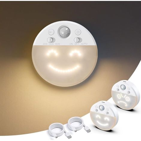 Set of 2 rechargeable motion-activated nightlights for indoor use, with 4 expressions, magnetic for sticking on walls, stairs, hallways (1/5)