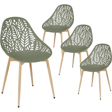 Altobuy – Lot de 4 chaises de jardin coque plastique ajourée vert olive – Pieds métal imitation bois – Assise ergonomique – Dimensions 52,3 x 53,3 x H83,4cm (1/5)